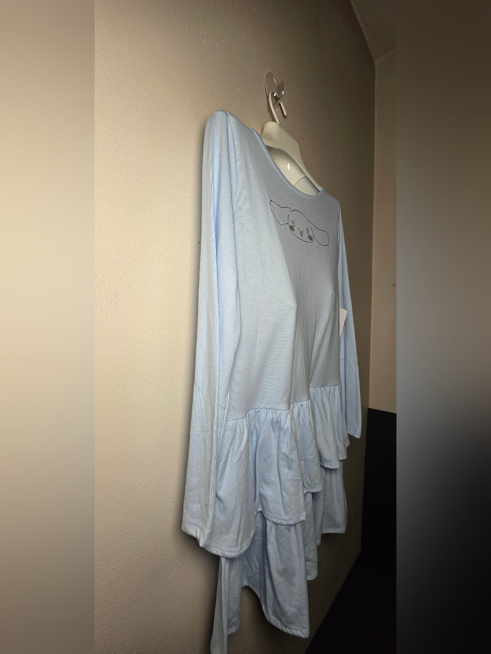 Light Blue Long-Sleeve Ruffle Hem Kids Dress with Cute Face Detail - Picture 3 of 7